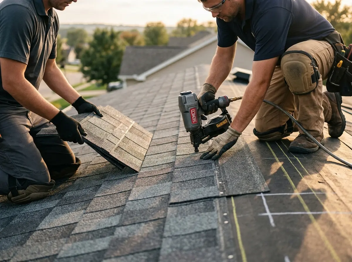 Professional roofer working on a residential roof in Brownfields